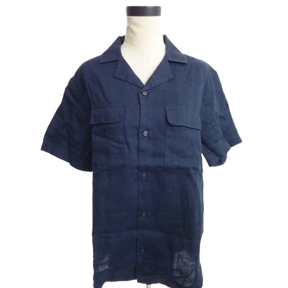 NWT Everlane Navy Blue Short Sleeve Button Down Linen Cargo Camp Shirt M - Picture 1 of 6